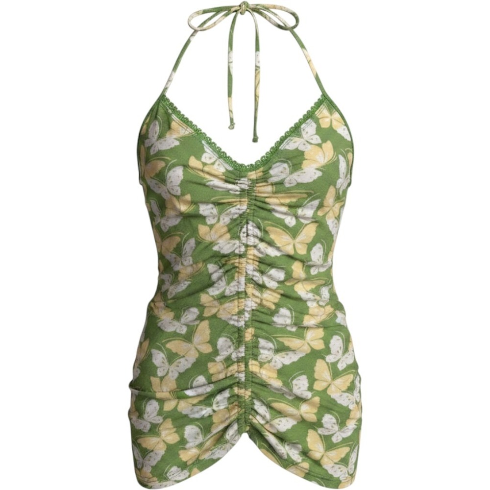 Urban Outfitters Butterfly Print Ruched Halter Top Lace Trim V-Neck‎ Summer Cami
